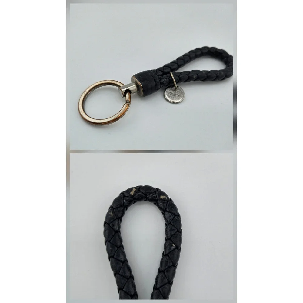 Bottega Veneta Intrecciato Woven Leather Keychain Black Silver Tone Logo Charm
